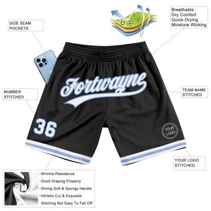 Custom Name Number Authentic Throwback Basketball Shorts Black White Light Blue Personalized Team Sports Wear Personalized