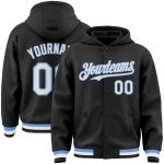 Custom Varsity Letterman Hoodie Jacket - Personalized Black White-Light Blue Bomber with Team Name & Number Personalized