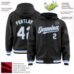 Custom Varsity Letterman Hoodie Jacket - Personalized Black White-Light Blue Bomber with Team Name & Number Personalized