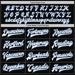 Custom Varsity Letterman Bomber Jacket Personalized with Name and Number - Black White Light Blue Two Tone Full-Snap Personalized