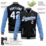 Custom Varsity Letterman Bomber Jacket Personalized with Name and Number - Black White Light Blue Two Tone Full-Snap Personalized