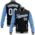 Custom Varsity Letterman Bomber Jacket Personalized with Name and Number - Black White Light Blue Two Tone Full-Snap Personalized