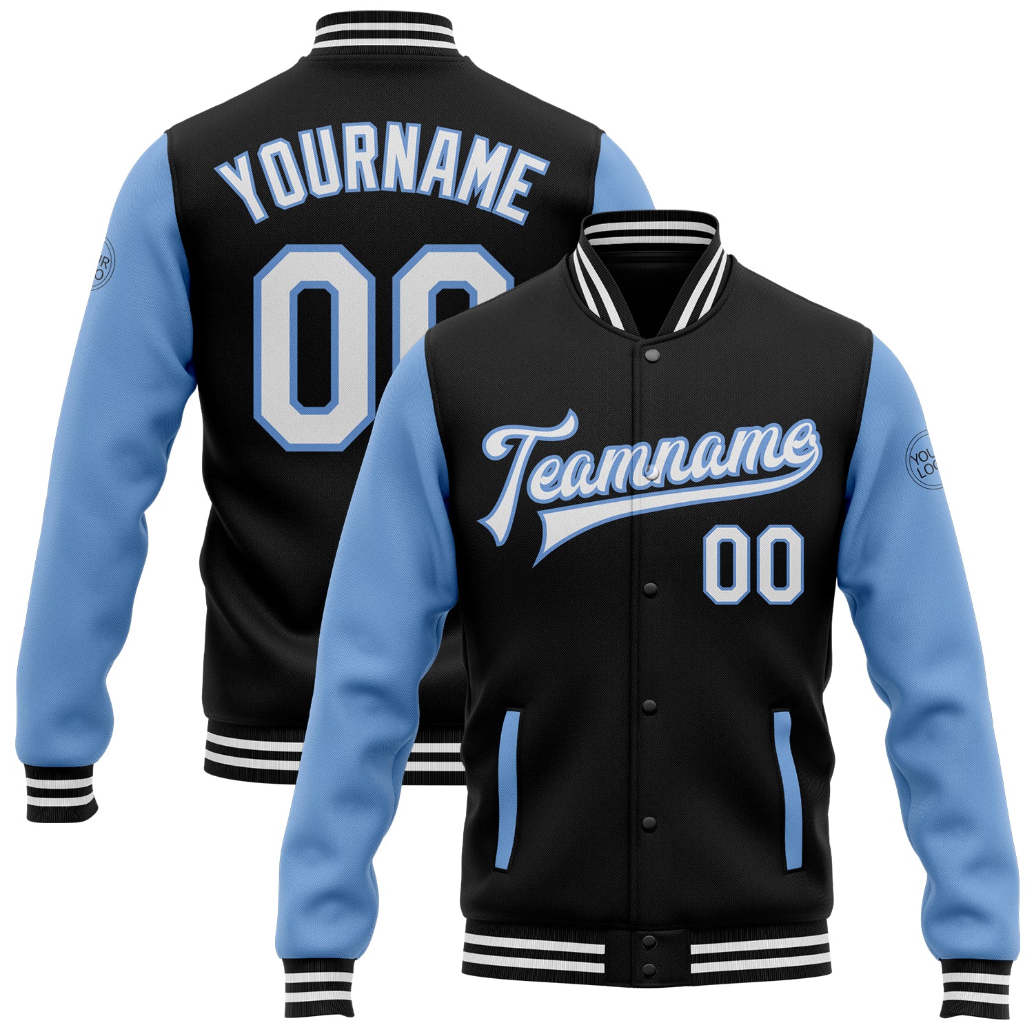 Custom Varsity Letterman Bomber Jacket Personalized with Name and Number - Black White Light Blue Two Tone Full-Snap Personalized