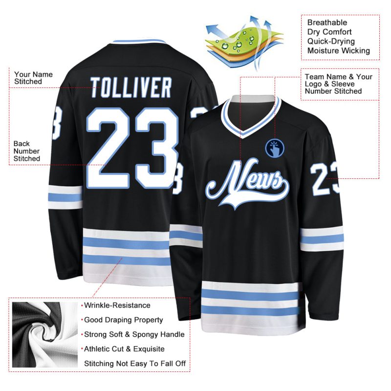 Personalized Light Blue Black White Hockey Jersey for Men and Women Personalized Black White-Light Blue Hockey Jersey