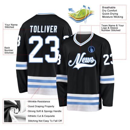 Custom Name & Number Hockey Jersey - Personalized Black & Light Blue Team Jersey Personalized Black White-Light Blue Hockey