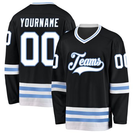 Custom Name & Number Hockey Jersey - Personalized Black & Light Blue Team Jersey Personalized Black White-Light Blue Hockey