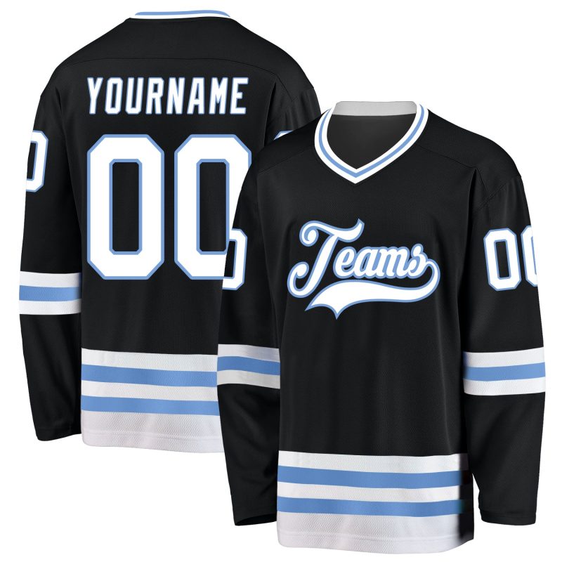 Personalized Light Blue Black White Hockey Jersey for Men and Women Personalized Black White-Light Blue Hockey Jersey