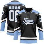 Personalized Black White Light Blue Hockey Jersey with Lace Neck Design Personalized Black White-Light Blue Hockey Lace Neck