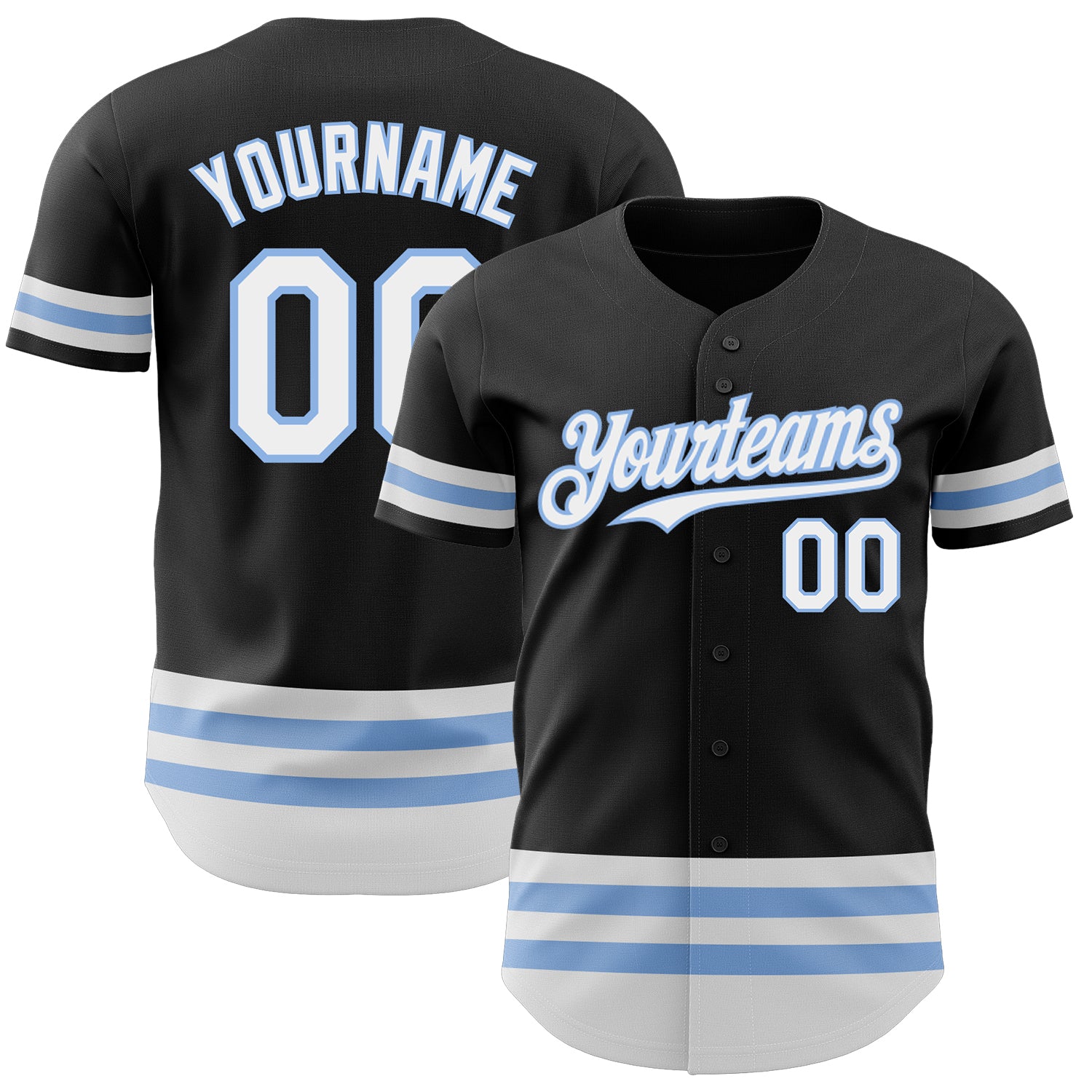 Custom Authentic Baseball Jersey with Personalized Name & Number - Black, White, Light Blue Line Design Personalized Black