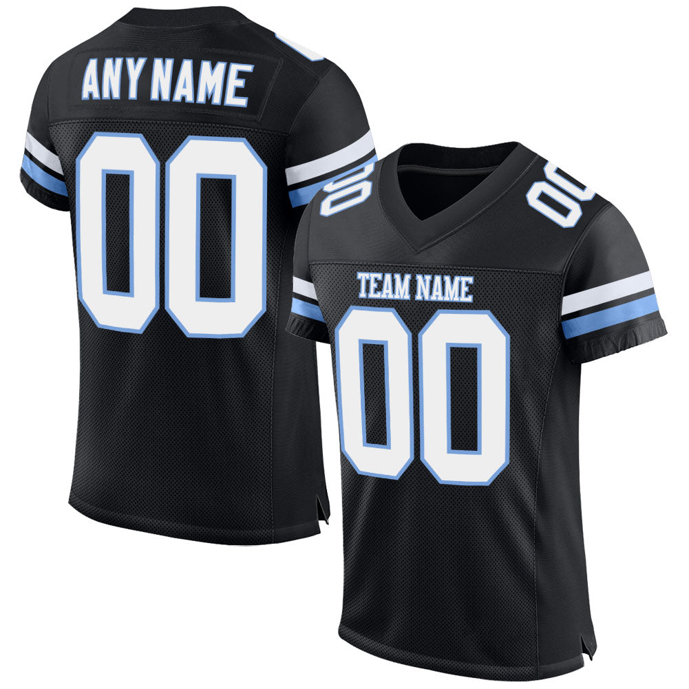 Customizable Black White Light Blue Mesh Football Jersey with Personalized Name & Number Personalized Black White-Light Blue