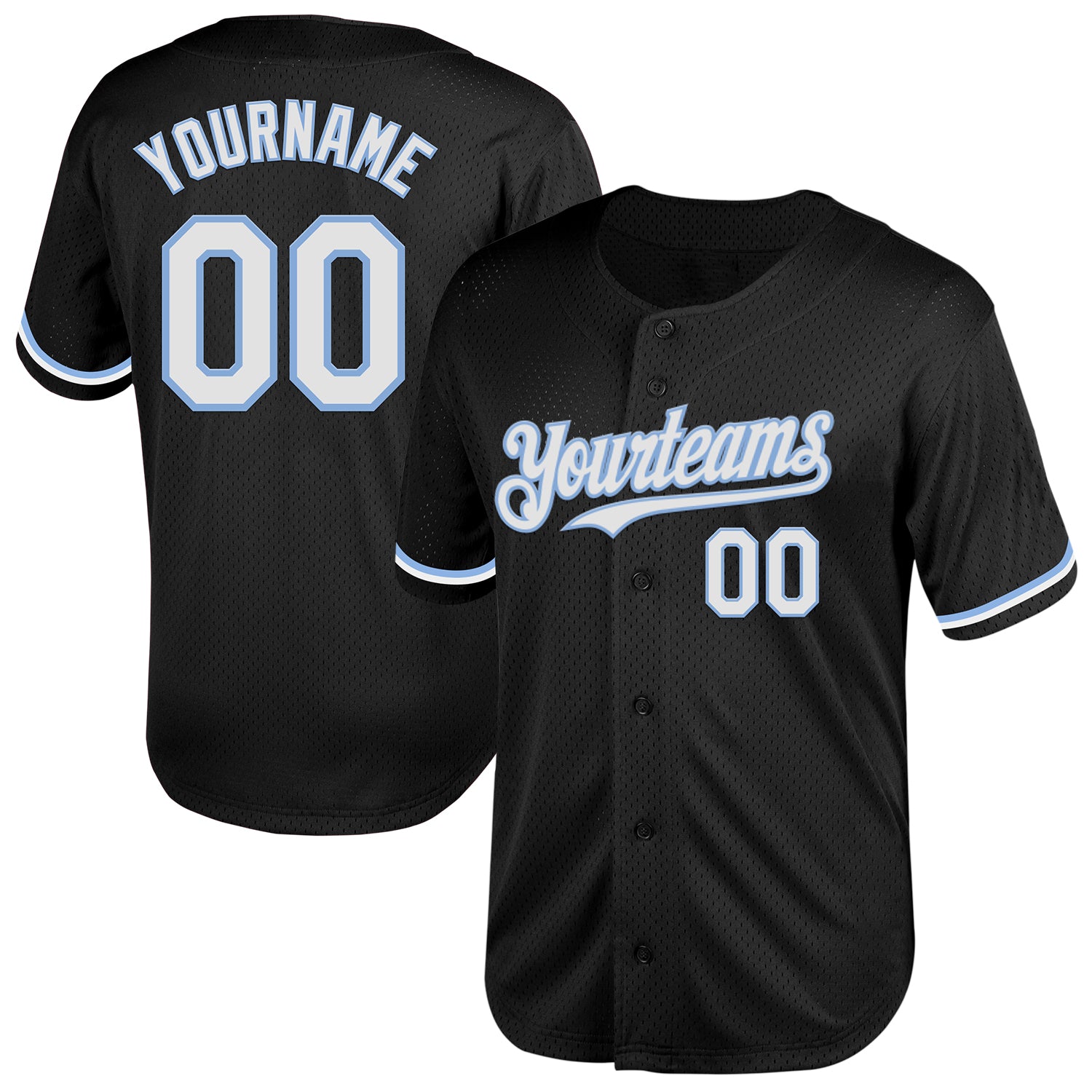 Customizable Baseball Jersey - Black White Light Blue Mesh - Authentic Throwback with Team Name & Number Personalized Black