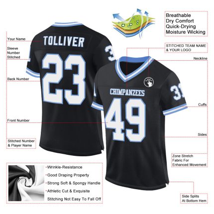 Personalized Black and Light Blue Authentic Throwback Football Jersey - Mesh Design Personalized Black White-Light Blue Mesh