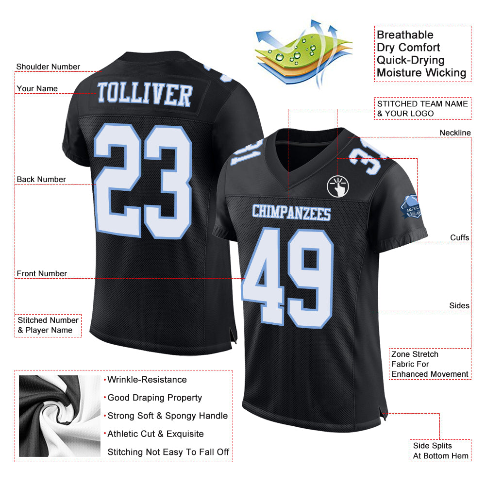 Personalized Light Blue Black White Mesh Football Jersey for Youth or Adult Personalized Black White-Light Blue Mesh Football - Image 2