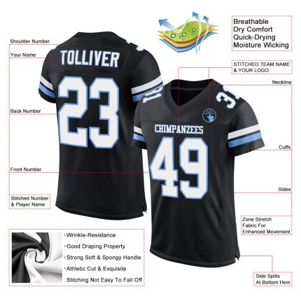Custom Black White Light Blue Mesh Football Jersey Personalized Design Personalized Black White-Light Blue Mesh Football