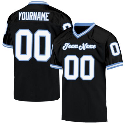 Personalized Football Jersey - Black White Light Blue Mesh Throwback Design Personalized Black White-Light Blue Mesh Throwback