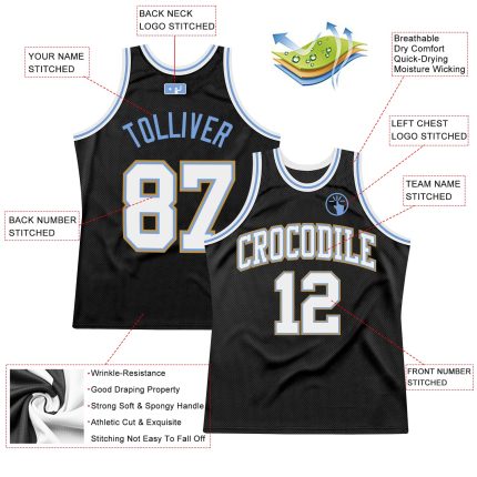 Personalized Throwback Basketball Jersey in Black, White, Light Blue, Old Gold Personalized Black White Light Blue-Old Gold