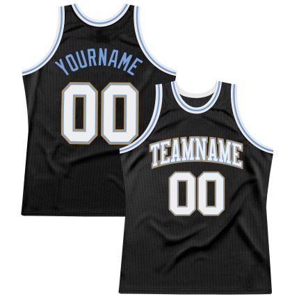 Personalized Throwback Basketball Jersey in Black, White, Light Blue, Old Gold Personalized Black White Light Blue-Old Gold