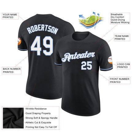Custom Team Name Number Performance T-Shirt Black White Light Blue - Personalized Athletic Wear Personalized Black White-Light
