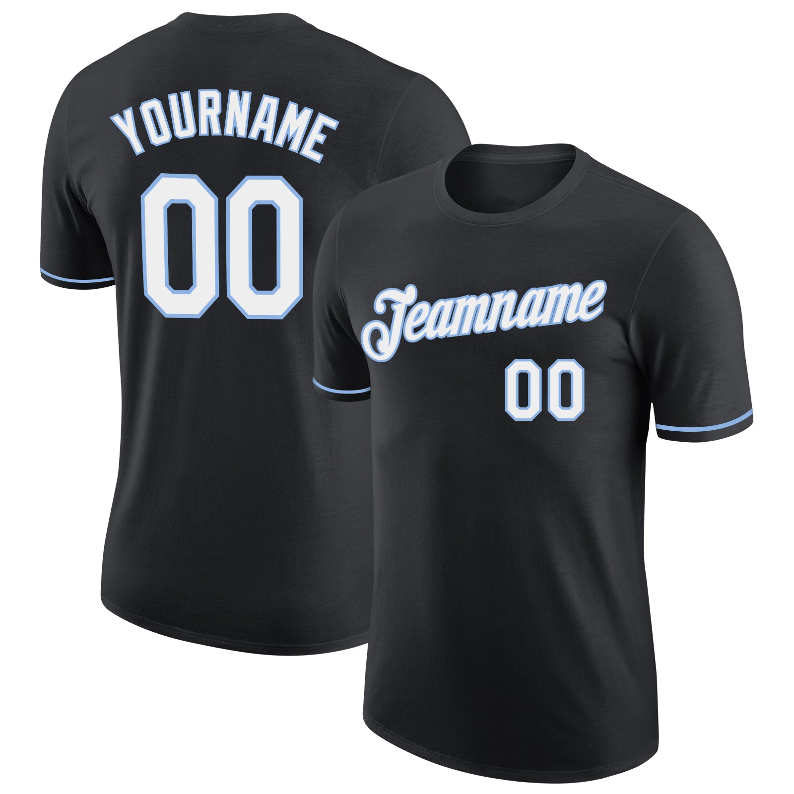 Custom Team Name Number Performance T-Shirt Black White Light Blue - Personalized Athletic Wear Personalized Black White-Light