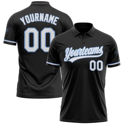 Custom Name and Number Personalized Performance Vapor Golf Polo Shirt - Black White Light Blue Personalized Black White-Light