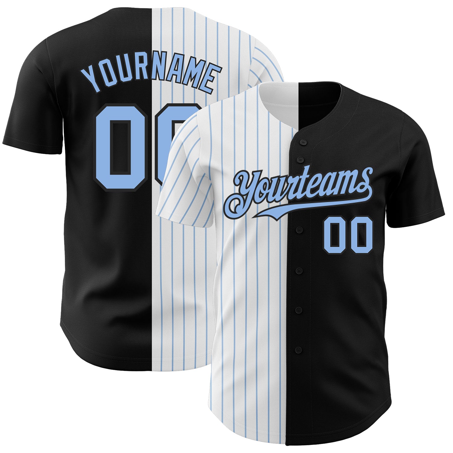 Customizable Black White Light Blue Pinstripe Baseball Jersey with Personalized Name and Number - Authentic Team Apparel