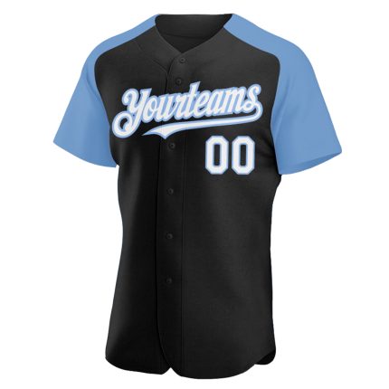 Personalized Black White Light Blue Baseball Jersey with Raglan Sleeves Personalized Black White-Light Blue Raglan Sleeves