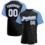 Personalized Black White Light Blue Baseball Jersey with Raglan Sleeves Personalized Black White-Light Blue Raglan Sleeves