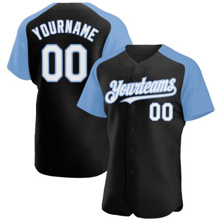 Personalized Black White Light Blue Baseball Jersey with Raglan Sleeves Personalized Black White-Light Blue Raglan Sleeves