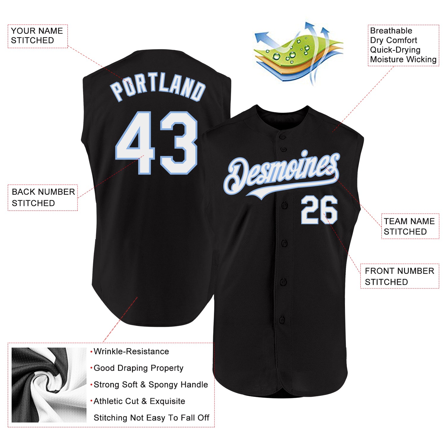 Personalized Baseball Jersey - Black, White, Light Blue Sleeveless Design Personalized Black White-Light Blue Sleeveless - Image 2