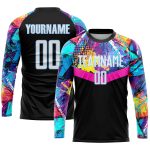 Custom black, white and light blue soccer jersey, detail of the printed panel