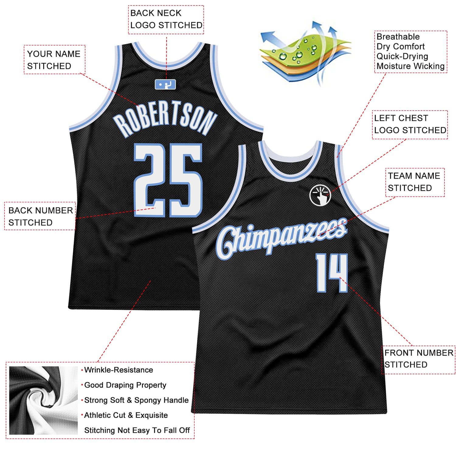 Personalized Black Light Blue Throwback Basketball Jersey for Unique Style Personalized Black White-Light Blue Throwback - Image 2