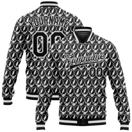 Personalized Lightning Skull 3D Bomber Jacket Full-Snap Varsity Letterman in Black and White Fashion Personalized Black White