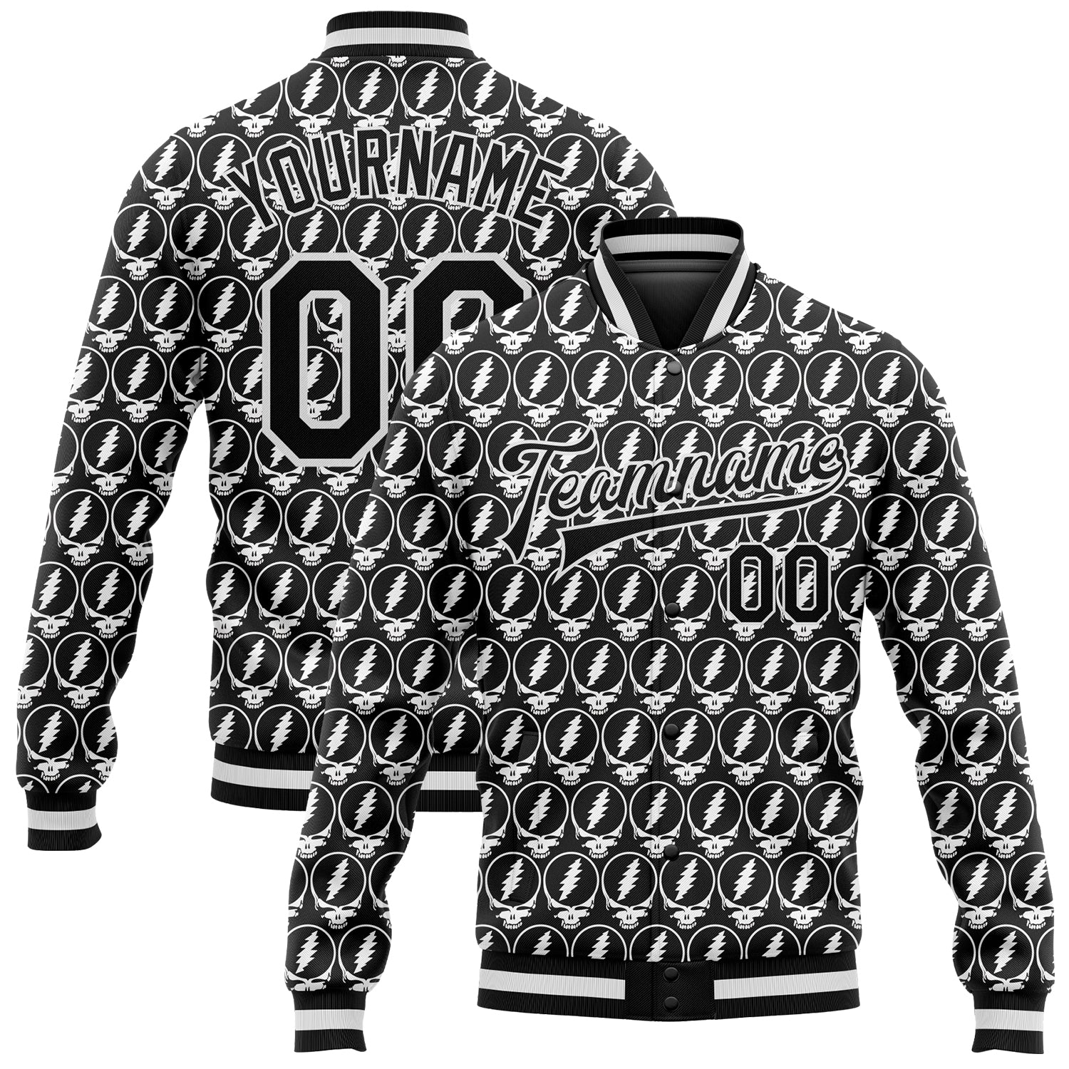 Personalized Lightning Skull 3D Bomber Jacket Full-Snap Varsity Letterman in Black and White Fashion Personalized Black White