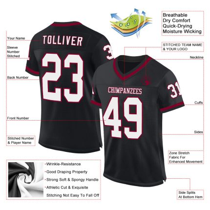 Custom Name Number Black White Maroon Mesh Football Jersey - Personalized Authentic Throwback Team Apparel Personalized Black