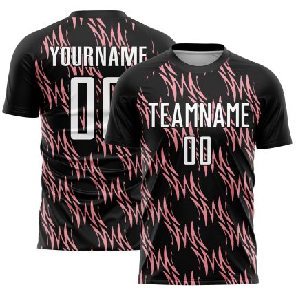 Personalized Abstract Wave Soccer Jersey - Black White Medium Pink Sublimation Uniform Personalized Black White-Medium Pink