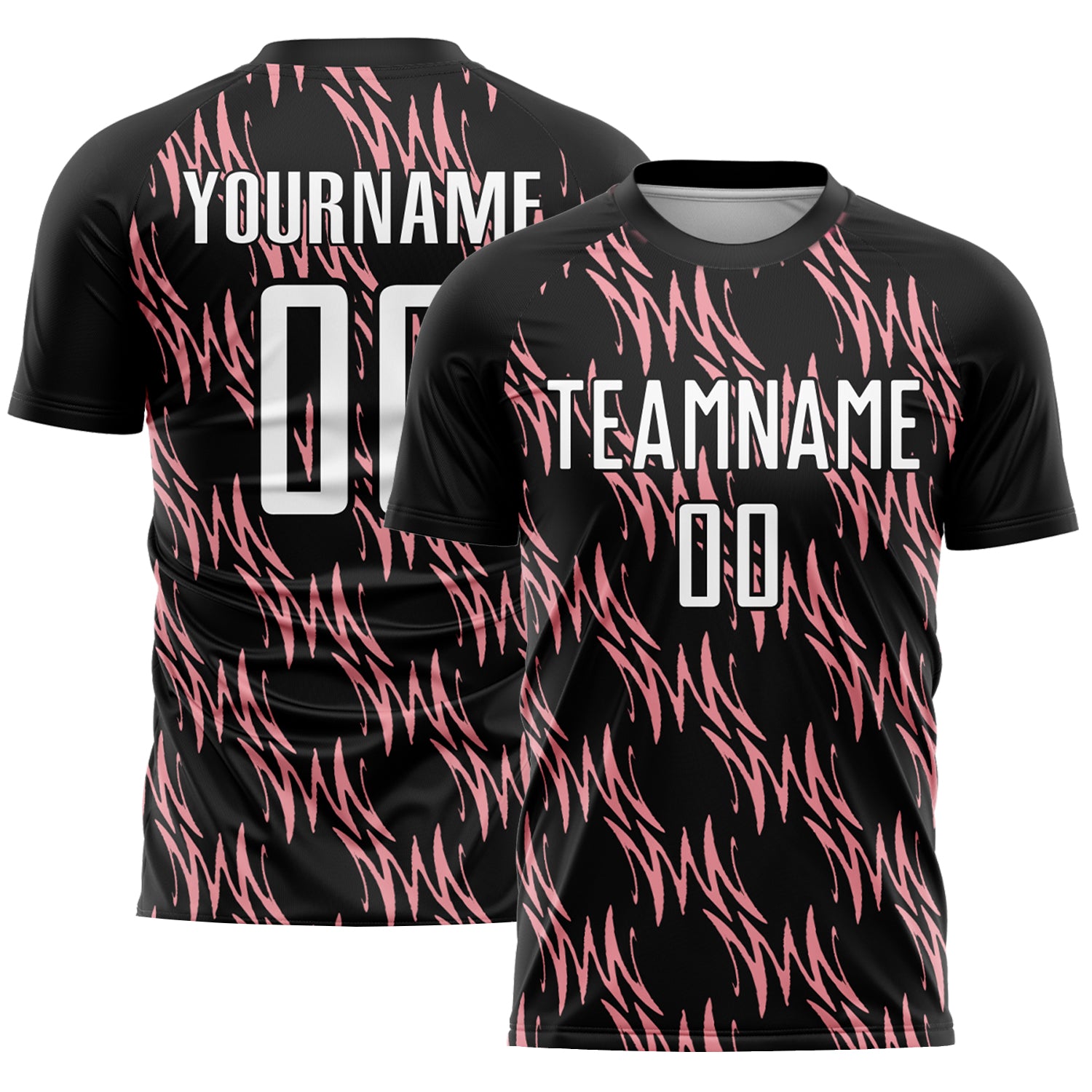 Custom Name and Number Soccer Jersey - Personalized Abstract Wave Design in Black, White, and Medium Pink Personalized Black