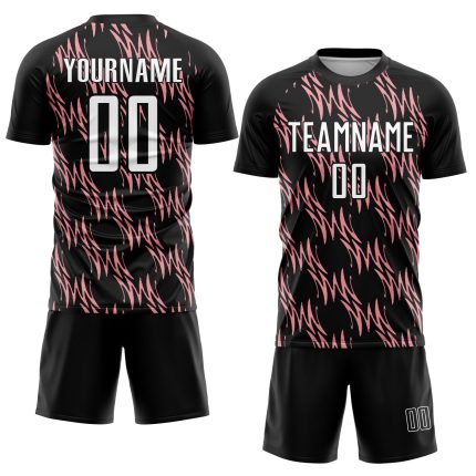 Custom Name and Number Soccer Jersey - Personalized Abstract Wave Design in Black, White, and Medium Pink Personalized Black