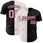 Personalized Black and Medium Pink Pinstripe Fashion Baseball Jersey Personalized Black White-Medium Pink Pinstripe Split