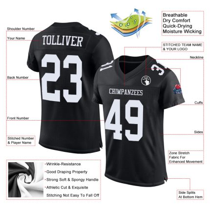 Personalized Black and White Authentic Football Jersey - Custom Mesh Design Personalized Black White Mesh Authentic Football