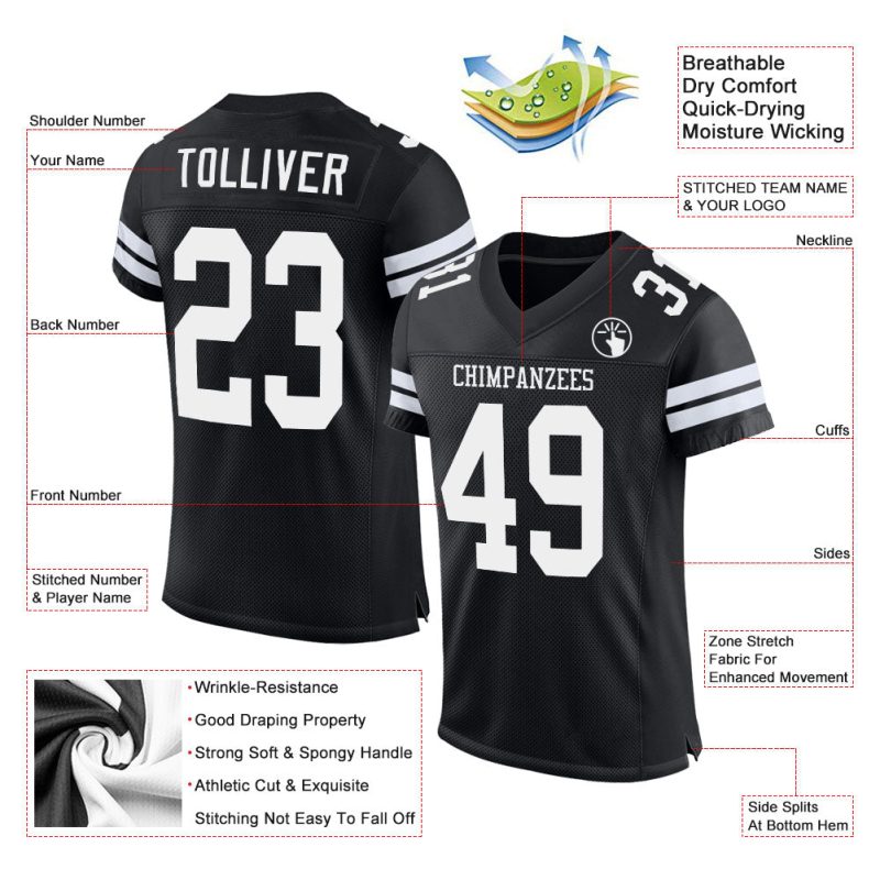 Customizable Black and White Football Jersey with Personalized Name and Number - Authentic Team Apparel Personalized Black