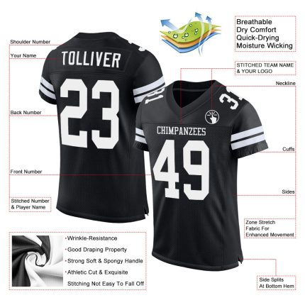 Custom Black and White Mesh Football Jersey - Personalized Athletic Wear Personalized Black White Mesh Football Jersey
