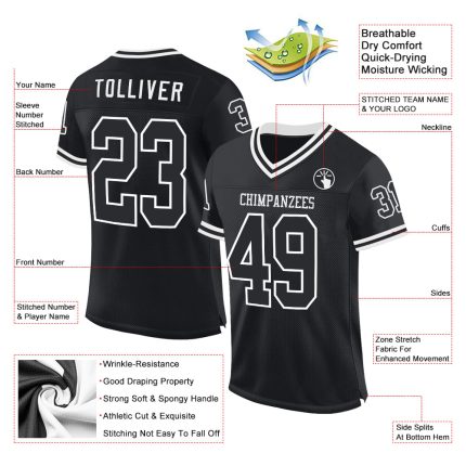 Custom Black and White Throwback Football Jersey - Personalized Sports Apparel Personalized Black White Mesh Throwback Football