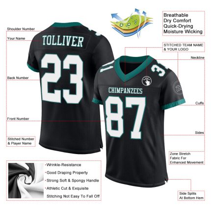 Custom Black White Midnight Green Football Jersey with Personalized Name and Number - Authentic Mesh Team Gear Personalized