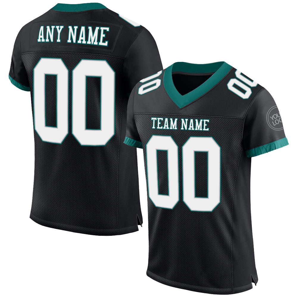 Personalized Black White Midnight Green Football Jersey - Mesh Design Personalized Black White-Midnight Green Mesh Football