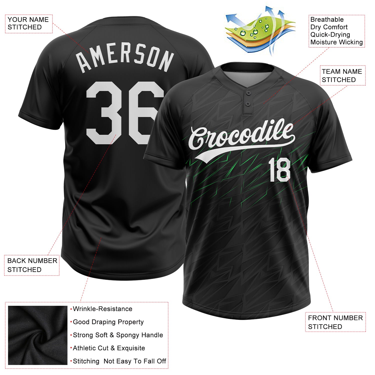 Personalized 3D Neon Green Black White Unisex Softball Jersey - Two-Button Design Personalized Black White-Neon Green 3D - Image 3