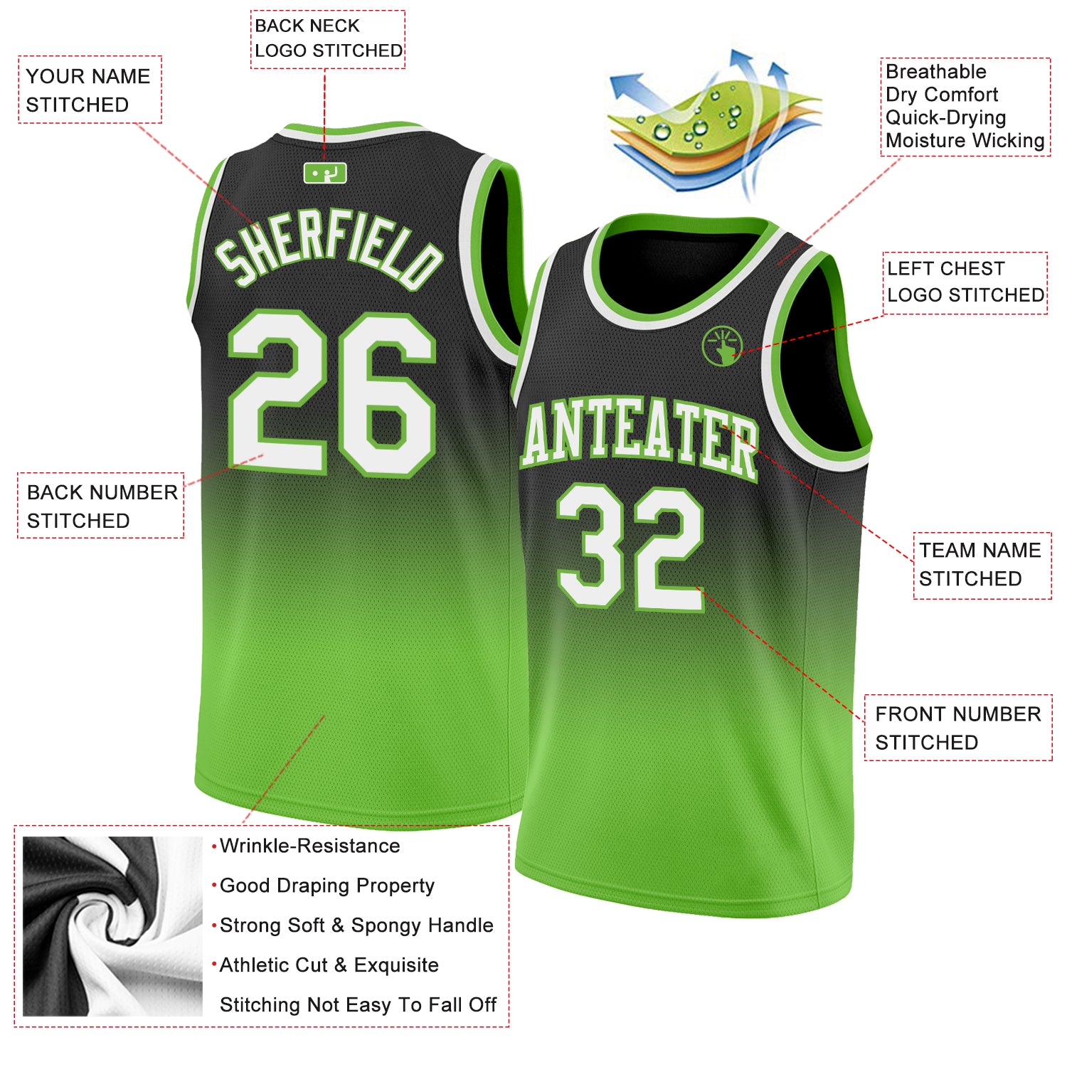 Personalized Black White Neon Green Fade Basketball Jersey for Fashion Lovers Personalized Black White-Neon Green Fade Fashion - Image 2