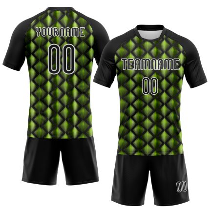 Personalized Neon Green Geometric Shape Volleyball Uniform Jersey Black White Sublimation Personalized Black White-Neon Green