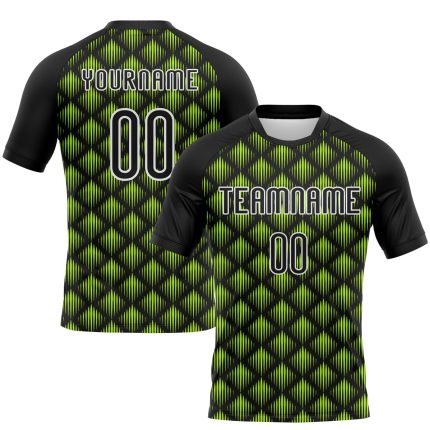 Personalized Neon Green Geometric Shape Volleyball Uniform Jersey Black White Sublimation Personalized Black White-Neon Green