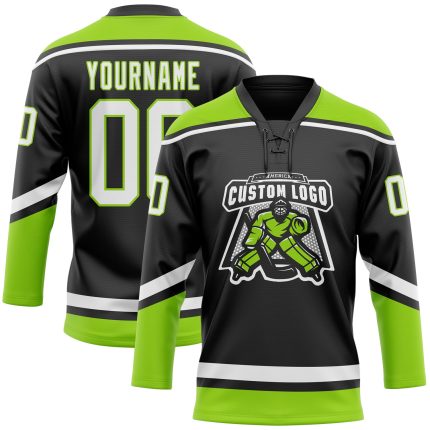 Custom Black White Neon Green Hockey Jersey with Personalized Name & Number - Team Apparel Personalized Black White-Neon