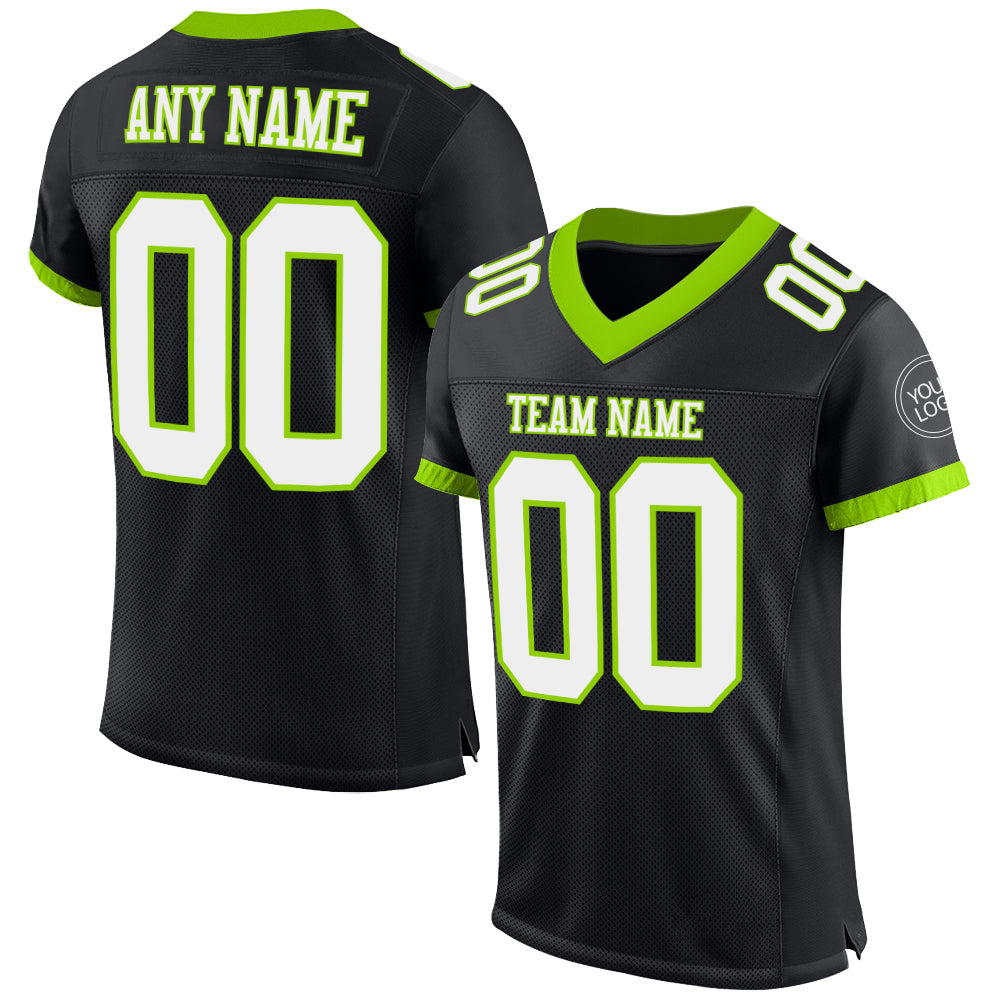 Custom Personalized Black White Neon Green Mesh Football Jersey with Name & Number Personalized Black White-Neon Green Mesh